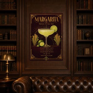 Arte de pared con receta de Margarita Art Déco dorado | Póster de receta de cóctel de lima | Impresión de decoración de carrito de bar | Art imagen 5
