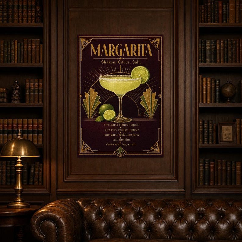 Arte de pared con receta de Margarita Art Déco dorado | Póster de receta de cóctel de lima | Impresión de decoración de carrito de bar | Art imagen 5