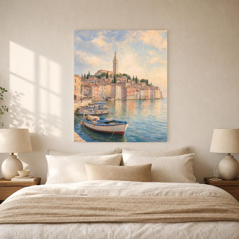 Plakat podróżniczy Rovinj | Delikatne malowanie, Chorwacja, grafika ścienna | Wydruk z nadmorskim miastem Adriatyku | Wydruk i wysyłka zdjęcie 6