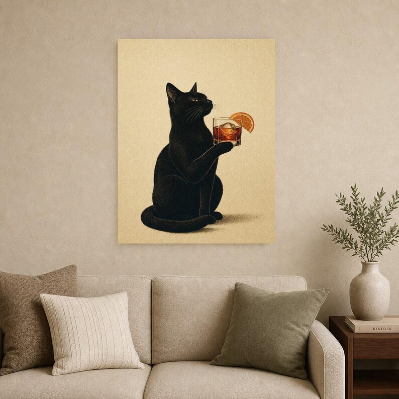 Black Cat Negroni Wall Art Print | Orange Slice Cocktail Poster | Bar Cart Print | Funny Black Cat Club Decor image 9