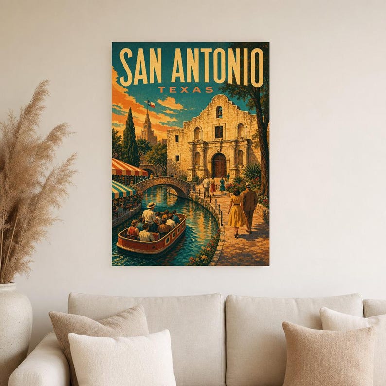 San Antonio Travel Poster | Vintage River Walk Print | Texas Wall Art Print | Mid Century City Decor image 3