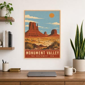 Monument Valley Reiseposter | Vintage Wüstenwandkunst | Südwesten der USA Druck | Dekor im Nationalpark-Stil | Rote Felskunst Bild 8