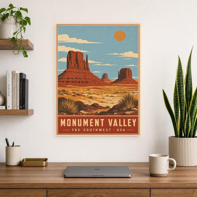 Monument Valley Reiseposter | Vintage Wüstenwandkunst | Südwesten der USA Druck | Dekor im Nationalpark-Stil | Rote Felskunst Bild 8