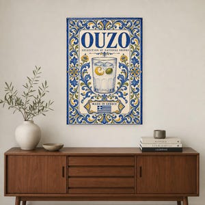 Ouzo cocktail tegel kunst aan de muur | Nationale drankposter van Griekenland | Azulejo Barwagen afdrukken | Maiolica keukendecor afbeelding 2