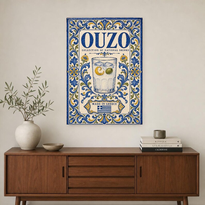 Ouzo cocktail tegel kunst aan de muur | Nationale drankposter van Griekenland | Azulejo Barwagen afdrukken | Maiolica keukendecor afbeelding 2