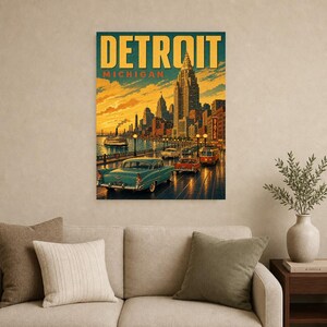 Detroit Travel Poster | Vintage 1950s Motor City Print | Michigan Wall Art Print | Mid Century City Decor image 8