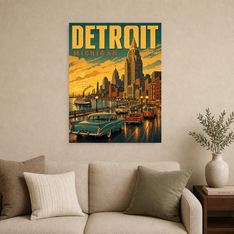 Detroit Travel Poster | Vintage 1950s Motor City Print | Michigan Wall Art Print | Mid Century City Decor image 8