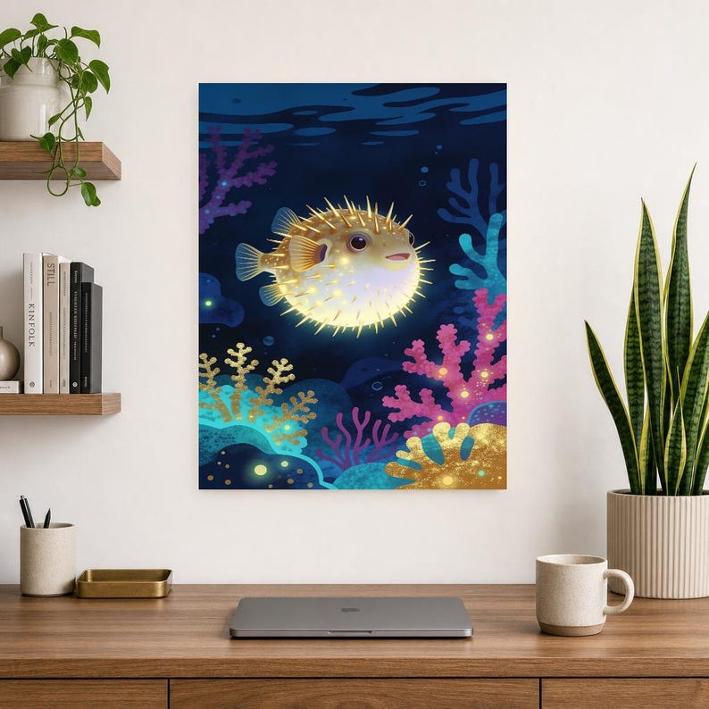 Bioluminescent Pufferfish Poster | Deep Sea Ocean Bathroom Wall Art Print | Dark Coastal Night Print image 10
