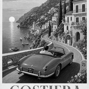 Vintage Car Wall Art Print | Italian Coast Road Trip Poster | Riviera Convertible Print | Dolce Vita Sunset Decor | Mediterranean Travel Art image 10