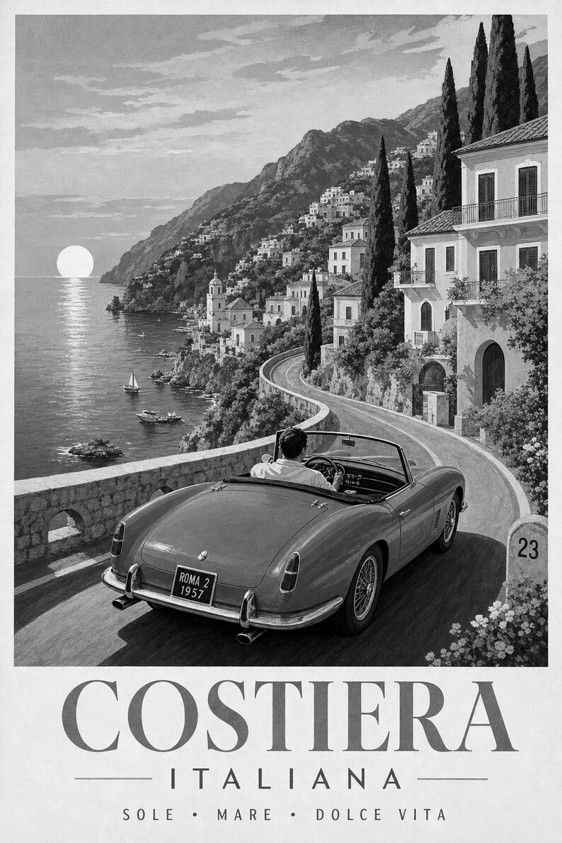 Vintage Car Wall Art Print | Italian Coast Road Trip Poster | Riviera Convertible Print | Dolce Vita Sunset Decor | Mediterranean Travel Art image 10