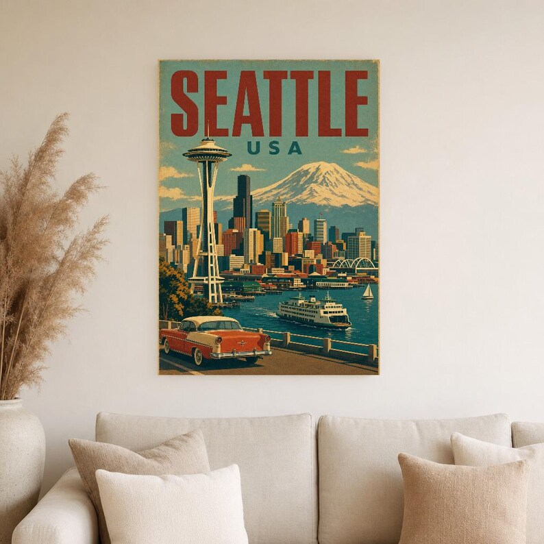 Seattle Travel Poster | Vintage 1950s Space Needle Print | Retro Washington Wall Art | Mid Century City Decor image 4