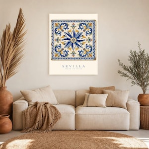 Seville Azulejo Tile Wall Art | Full Color Spanish Maiolica Poster | 8-Pointed Star Print | Andalusia Travel Decor | Spain Kitchen Gift image 7
