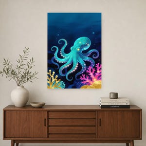 Bioluminescent Octopus Poster | Deep Sea Ocean Bathroom Wall Art Print | Dark Coastal Night Print image 3