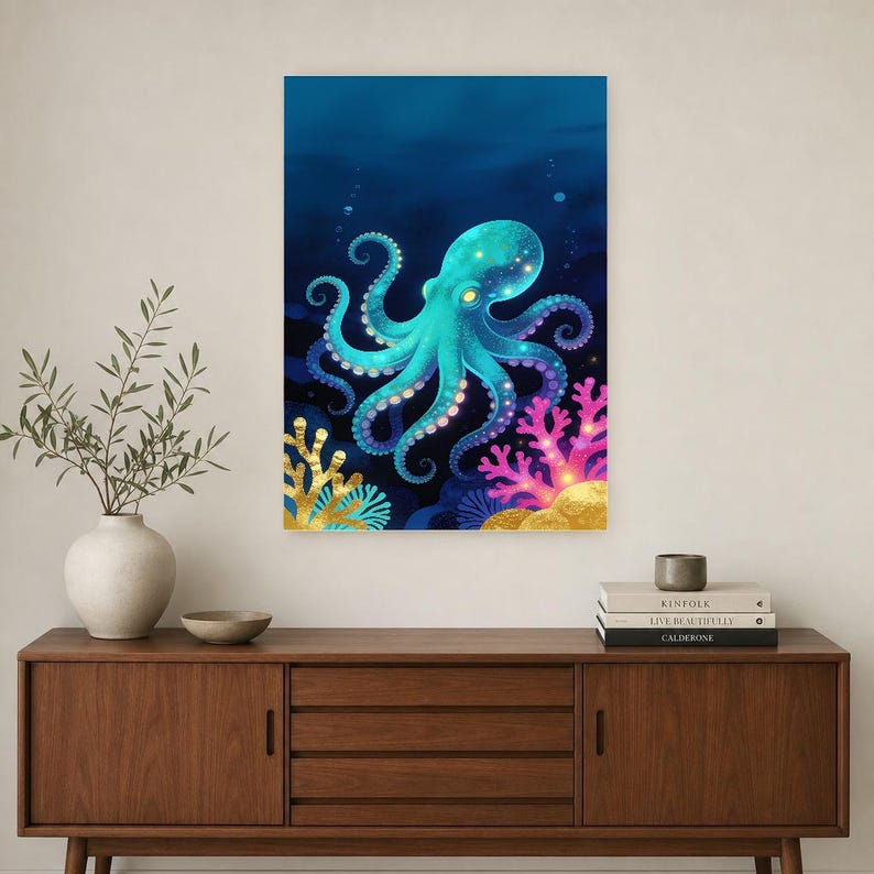Bioluminescent Octopus Poster | Deep Sea Ocean Bathroom Wall Art Print | Dark Coastal Night Print image 3