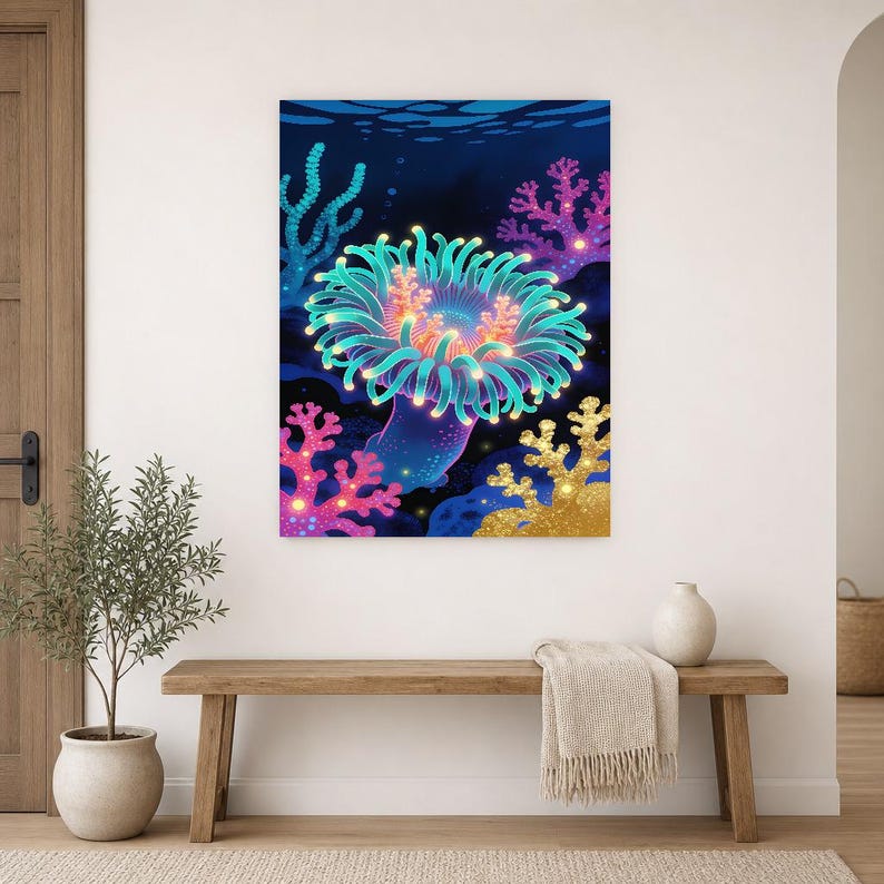 Bioluminescent Sea Anemone Poster | Deep Sea Ocean Bathroom Wall Art Print | Dark Coastal Night Print image 14