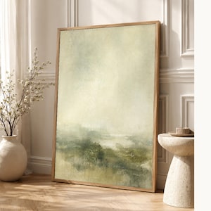 Moody Green Abstract Wall Art Print | Panoramic Color Field Print | Sage Watercolor Landscape Poster | Wabi-Sabi Living Room Decor image 1