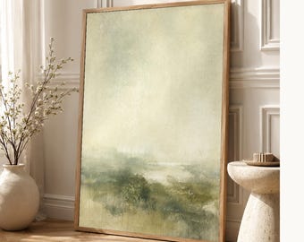 Moody Green Abstract Wall Art Print | Panoramic Color Field Print | Sage Watercolor Landscape Poster | Wabi-Sabi Living Room Decor