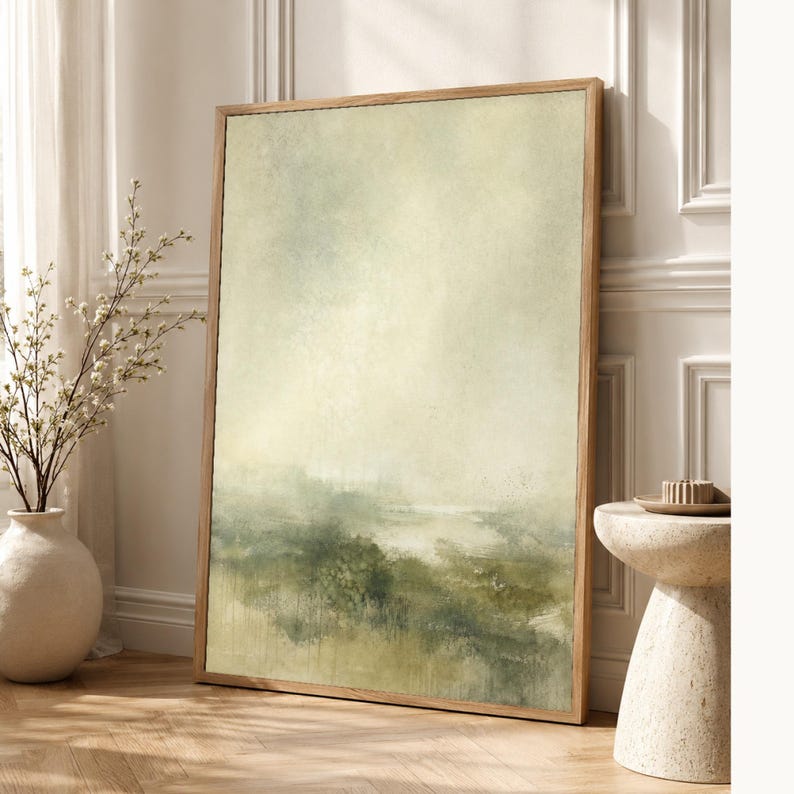 Moody Green Abstract Wall Art Print | Panoramic Color Field Print | Sage Watercolor Landscape Poster | Wabi-Sabi Living Room Decor image 1