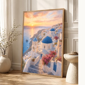 Póster de viaje de Santorini | Pintura suave para pared sobre Grecia | Lámina costera de las cúpulas azules de Oia | Impreso y enviado imagen 1