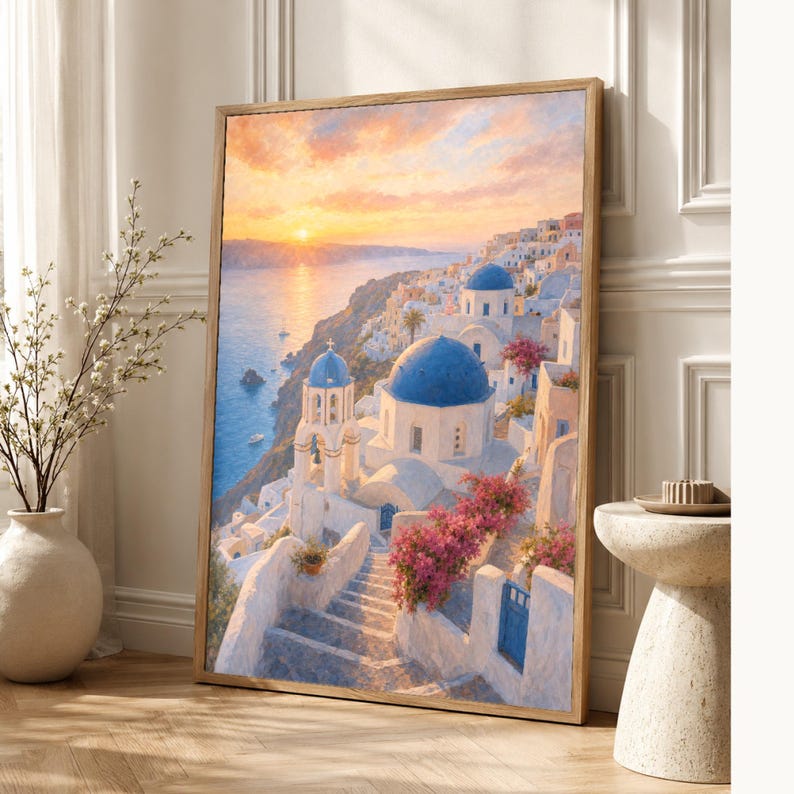 Póster de viaje de Santorini | Pintura suave para pared sobre Grecia | Lámina costera de las cúpulas azules de Oia | Impreso y enviado imagen 1