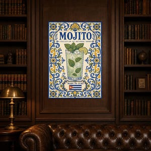 Płytka ścienna z koktajlem Mojito | Kubański plakat narodowy z napojami | Druk koszyka barowego Azulejo | Wystrój kuchni majolikowej zdjęcie 5