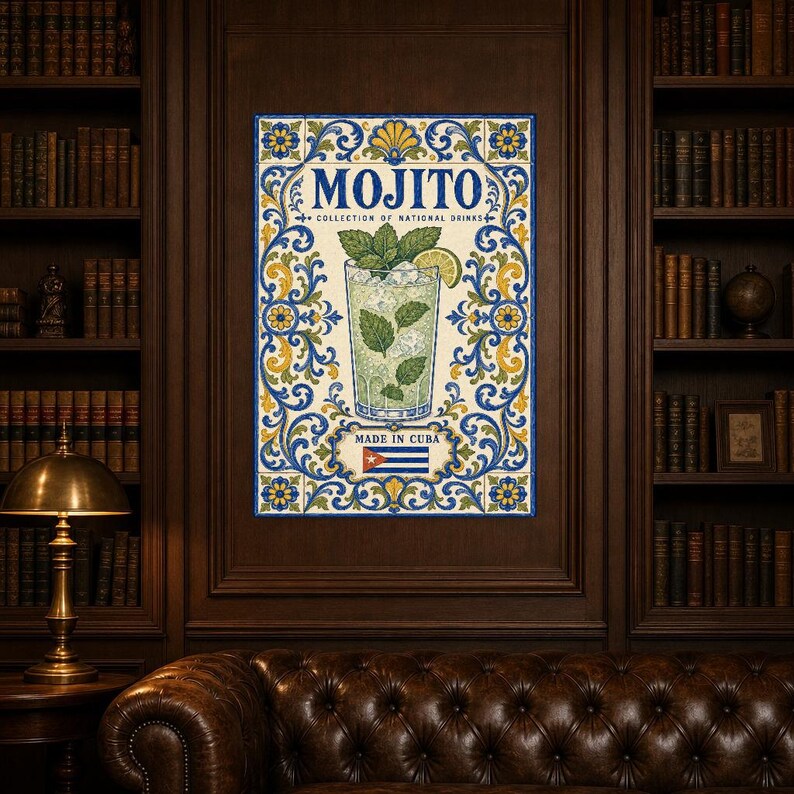 Płytka ścienna z koktajlem Mojito | Kubański plakat narodowy z napojami | Druk koszyka barowego Azulejo | Wystrój kuchni majolikowej zdjęcie 5