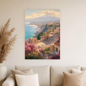 Taormina Travel Poster | Soft Painting Sicily Italy Wall Art | Coastal Etna View Print | Printed & Shipped image 4