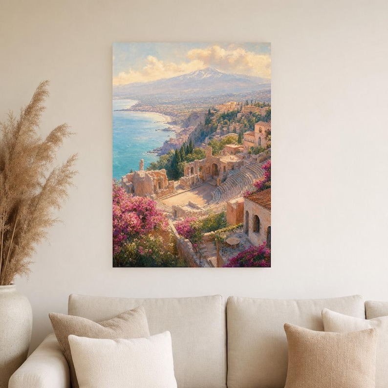 Taormina Travel Poster | Soft Painting Sicily Italy Wall Art | Coastal Etna View Print | Printed & Shipped image 4