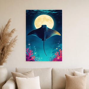 Bioluminescent Manta Ray Poster | Deep Sea Ocean Bathroom Wall Art Print | Dark Coastal Night Print image 5