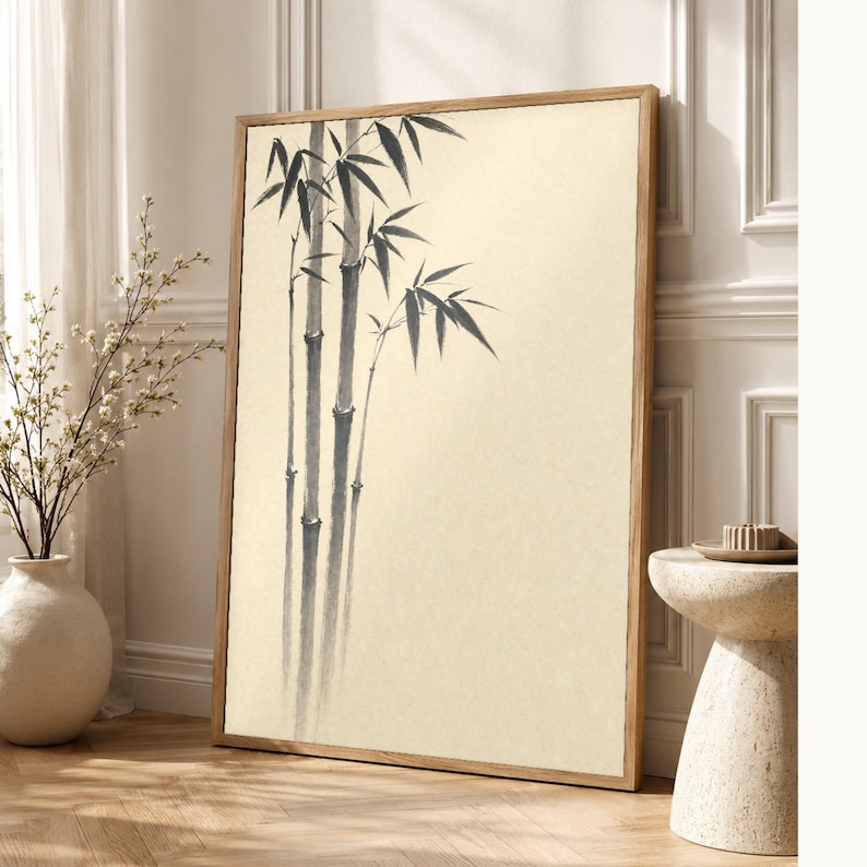 Black Ink Bamboo Japandi Wall Art Print | Mono Brushstroke Sumi-e Print | Zen Wabi Sabi Poster image 1