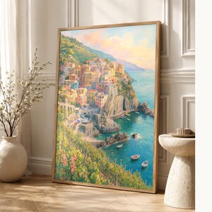 Reisposter Cinque Terre | Zachte schildering Italië Muurdecoratie | Kustprint van Manarola | Gedrukt en verzonden afbeelding 1