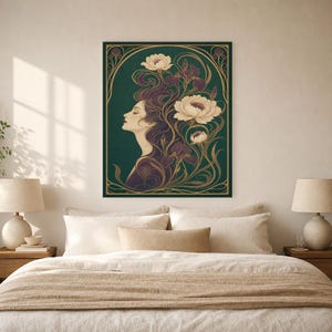 Art Nouveau Wall Art Print | Woman with Iris Flowers Poster | Modern New Botanical | Jade Plum Ivory Elegant Wall Decor image 6