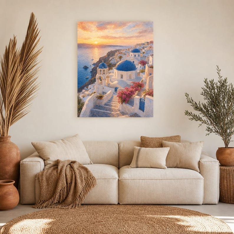 Póster de viaje de Santorini | Pintura suave para pared sobre Grecia | Lámina costera de las cúpulas azules de Oia | Impreso y enviado imagen 7