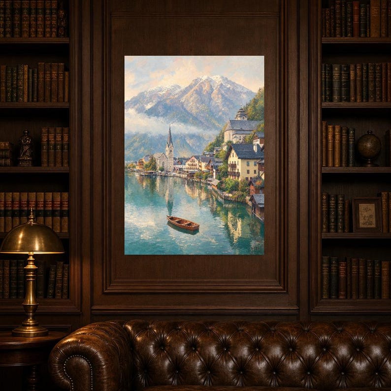 Póster de viaje de Hallstatt | Pintura suave para pared en Austria | Lámina de pueblo alpino junto al lago | Impreso y enviado imagen 5