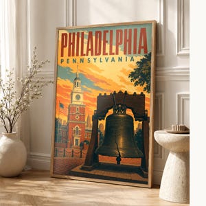 Philadelphia Travel Poster | Vintage Liberty Bell Print | Pennsylvania Wall Art Print | Mid Century City Decor image 1