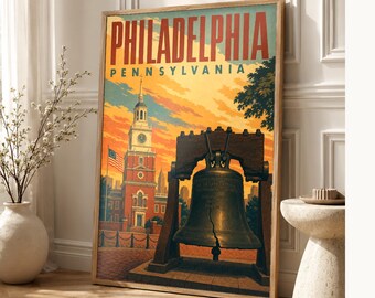 Philadelphia Travel Poster | Vintage Liberty Bell Print | Pennsylvania Wall Art Print | Mid Century City Decor