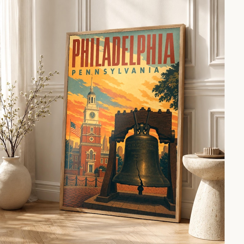 Philadelphia Travel Poster | Vintage Liberty Bell Print | Pennsylvania Wall Art Print | Mid Century City Decor image 1