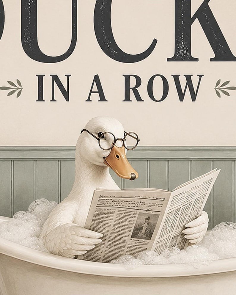 Funny Duck Bathroom Wall Art Print | Getting My Ducks In A Row Poster | Vintage Bathroom Wall Decor image 3