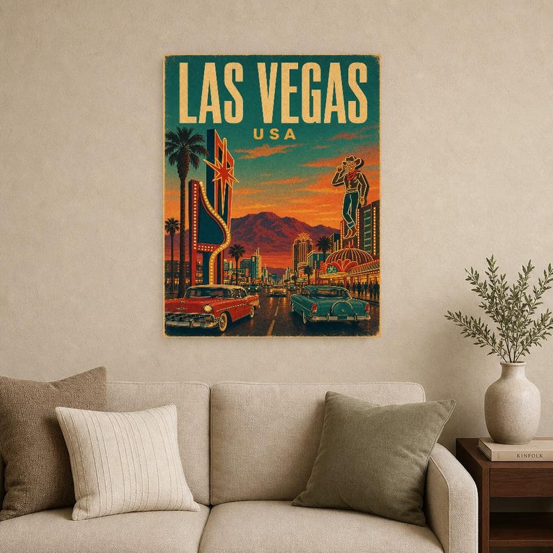 Las Vegas Travel Poster | Vintage 1950s Neon Strip Print | Retro Nevada Wall Art | Mid Century City Decor image 9