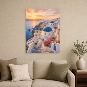 Póster de viaje de Santorini | Pintura suave para pared sobre Grecia | Lámina costera de las cúpulas azules de Oia | Impreso y enviado imagen 9
