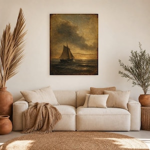 Moody Vintage Sailboat Seascape Wall Art Print | Antique Oil Painting Print | Dark Academia Coastal Decor | Tonalist Marine Poster image 7