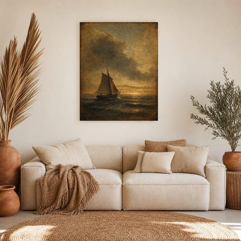 Moody Vintage Sailboat Seascape Wall Art Print | Antique Oil Painting Print | Dark Academia Coastal Decor | Tonalist Marine Poster image 7