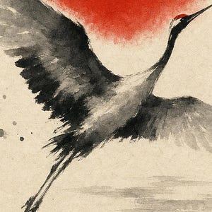 Red Sun Japandi Wall Art Print | Sumi-e Ink Crane Print | Wabi Sabi Living Room Poster image 3