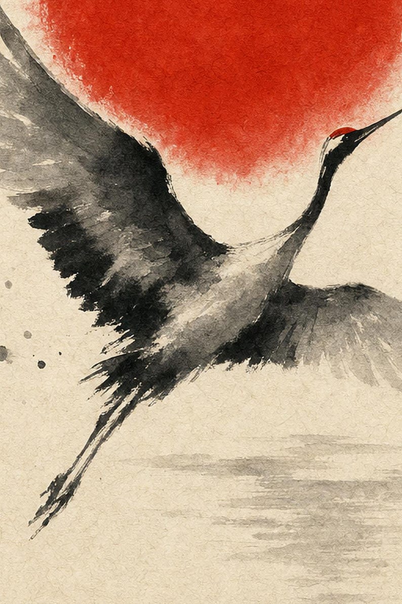 Red Sun Japandi Wall Art Print | Sumi-e Ink Crane Print | Wabi Sabi Living Room Poster image 3
