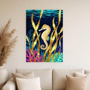 Biolumineszierendes Seepferdchen-Poster | Tiefsee-Ozean-Badezimmer-Wandkunstdruck | Dunkler Küstennachtdruck Bild 5