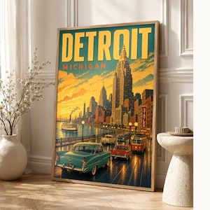 Detroit Travel Poster | Vintage 1950s Motor City Print | Michigan Wall Art Print | Mid Century City Decor image 1