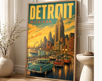 Póster turístico de Detroit | Lámina vintage de la Ciudad del Motor de los años 50 | Lámina decorativa de Michigan | Decoración urbana de mediados de siglo