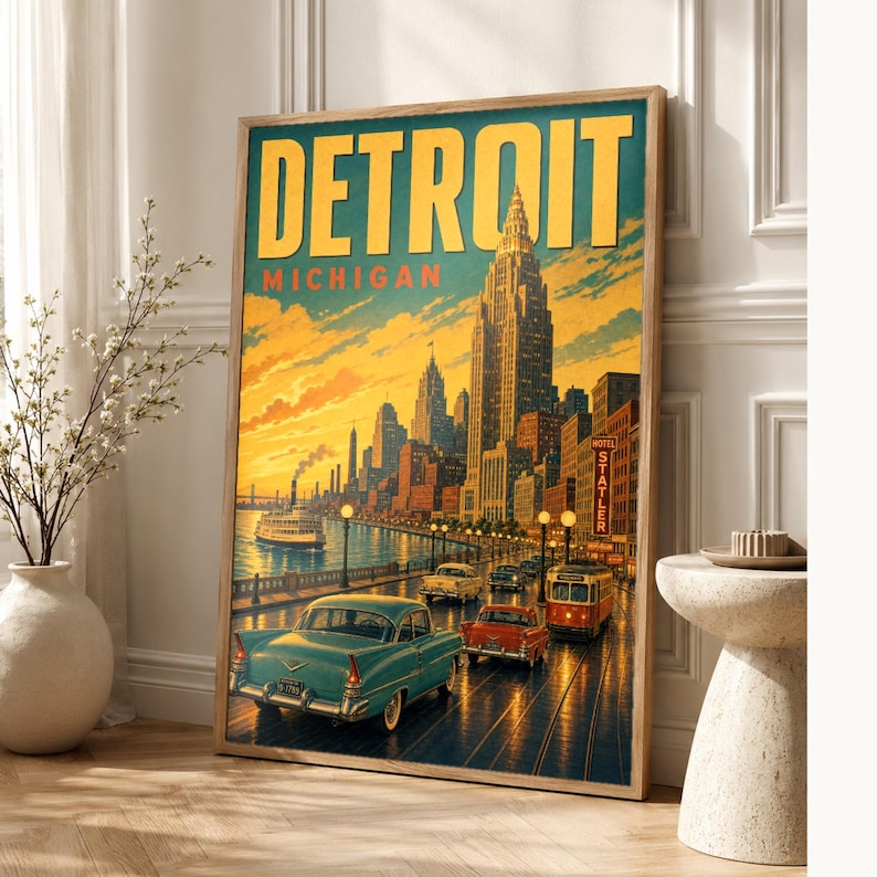 Detroit Travel Poster | Vintage 1950s Motor City Print | Michigan Wall Art Print | Mid Century City Decor image 1