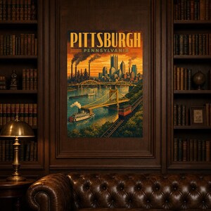Pittsburgh Travel Poster | Vintage Three Rivers Bridges Print | Pennsylvania Wall Art Print | Mid Century City Decor image 4