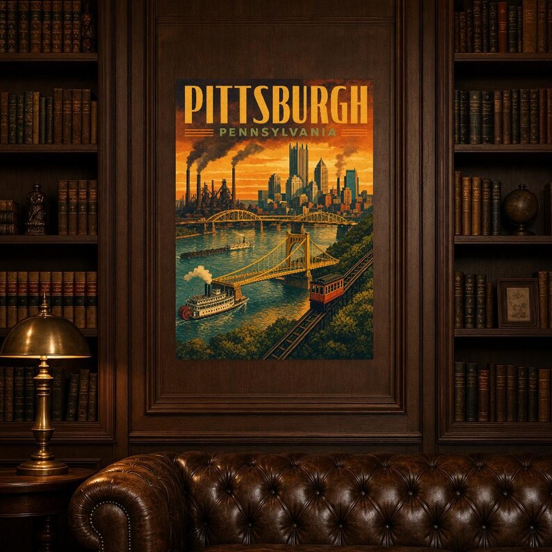 Pittsburgh Travel Poster | Vintage Three Rivers Bridges Print | Pennsylvania Wall Art Print | Mid Century City Decor image 4
